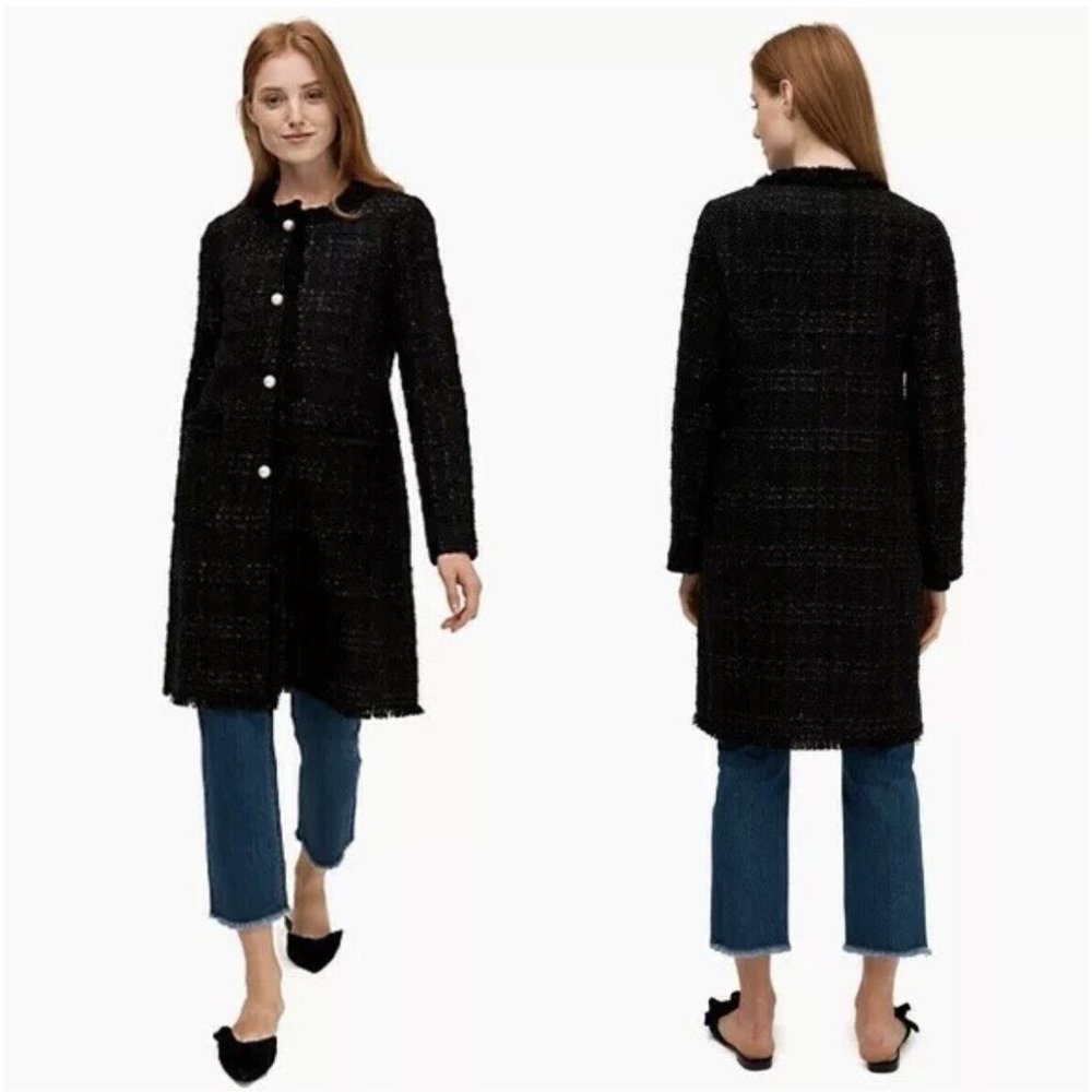 Kate Spade Sparkle Tweed Long Coat Jacket Black Size 4 New!